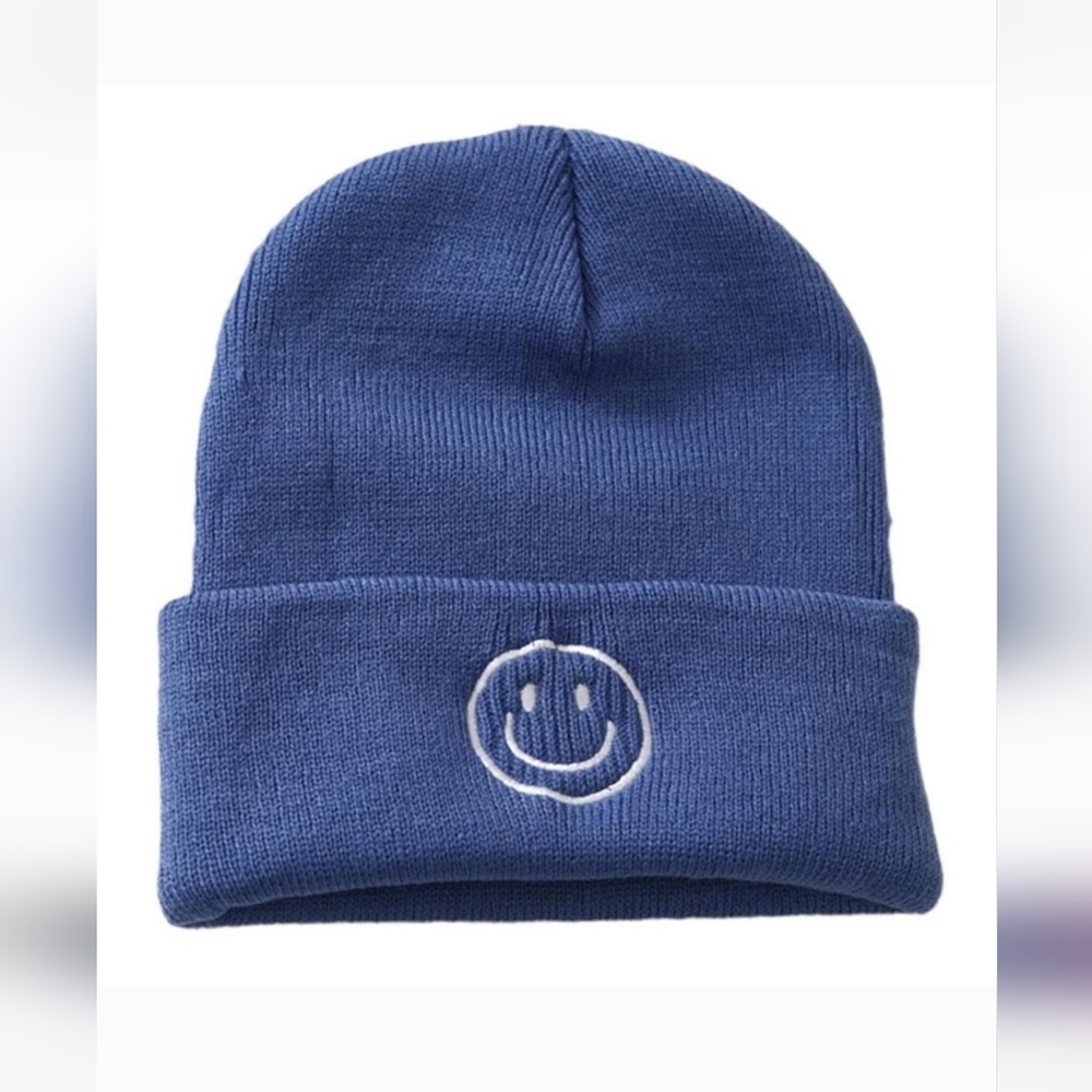 Blue Beanie with Smiley Face Embroidery